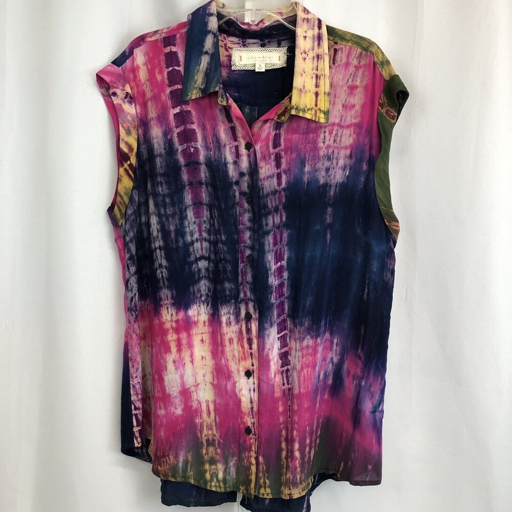 Chambrai Los Angelas Womens Small Purple Tie Dye Button Down Top Colorful Shirt